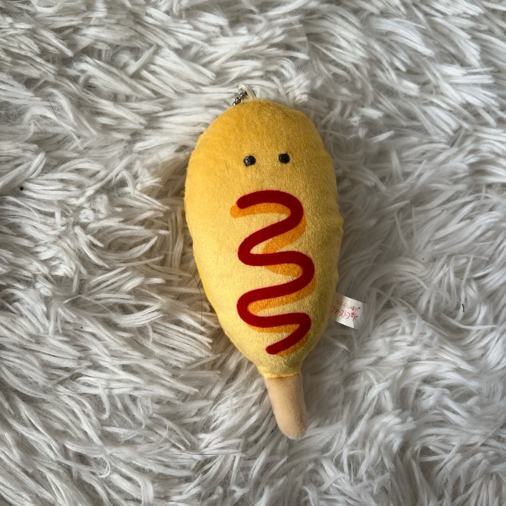 Kawaii Yellow Plush Corn Dog Keychain with Ketchup Squiggle